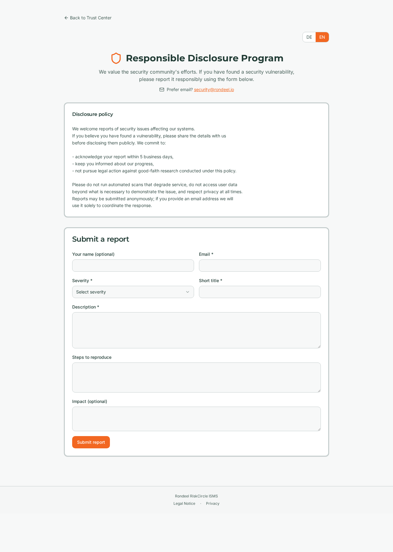 Meldeseite des Responsible-Disclosure-Programms in RiskCircle